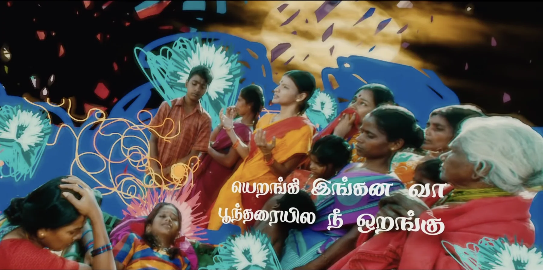 A crowd among painted flowers and looping yellow line drawing.