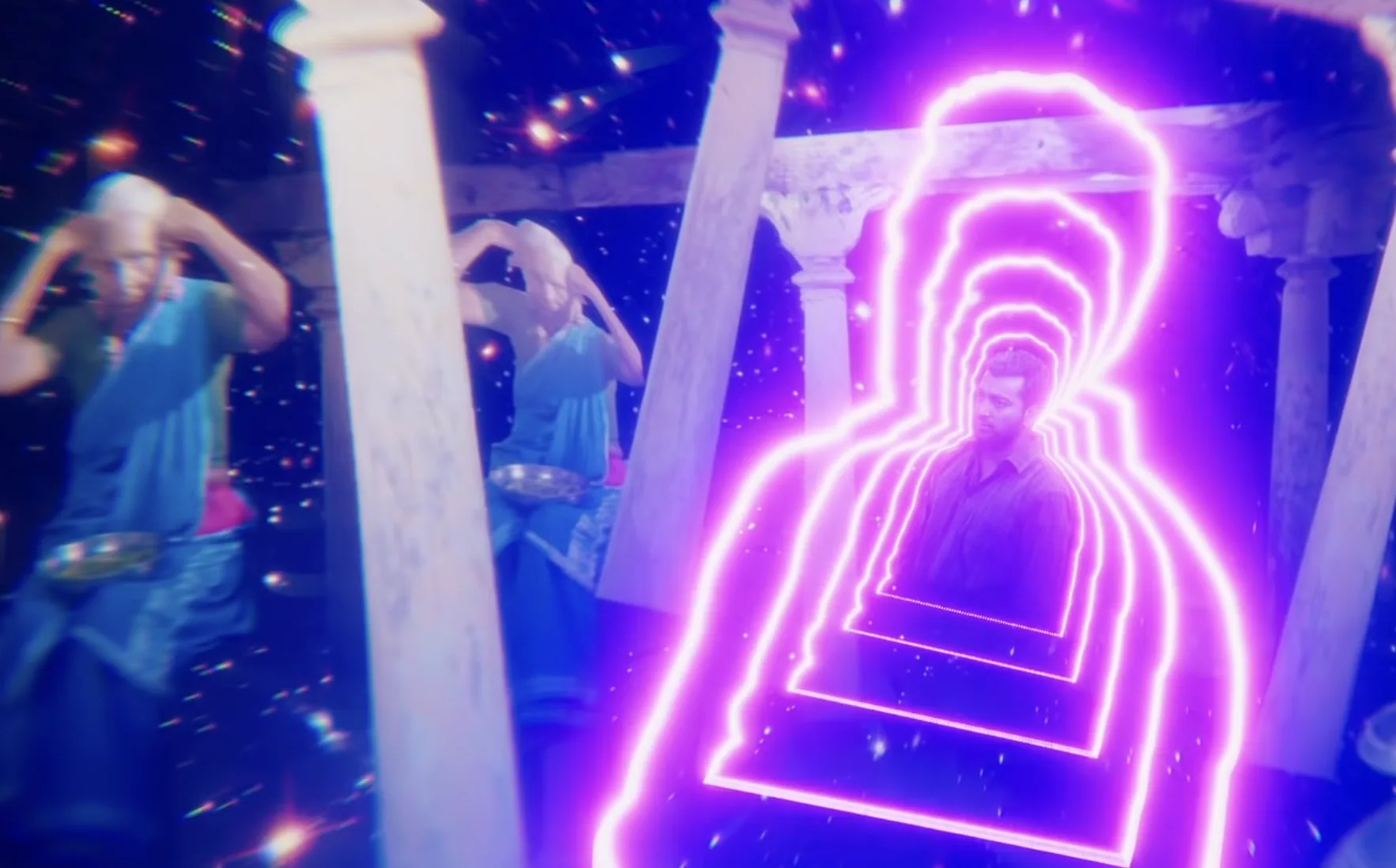 A neon outline of a figure standing between temple pillars.