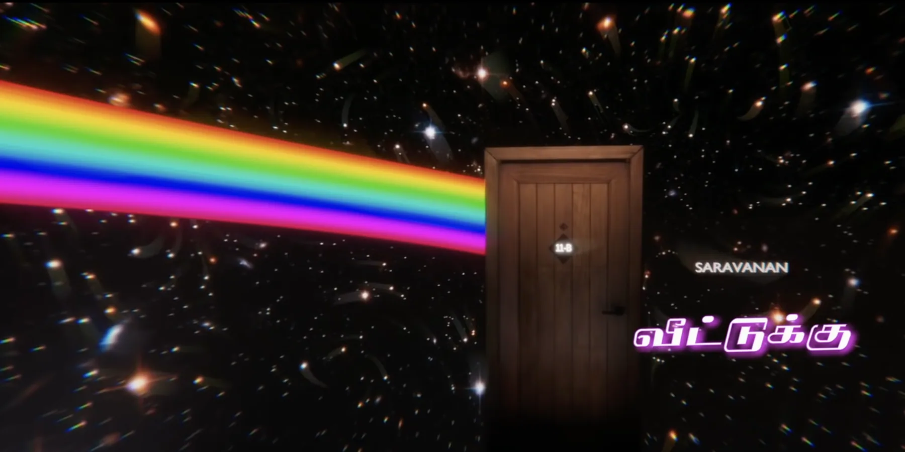 A rainbow leading to a wooden door standing alone in space.