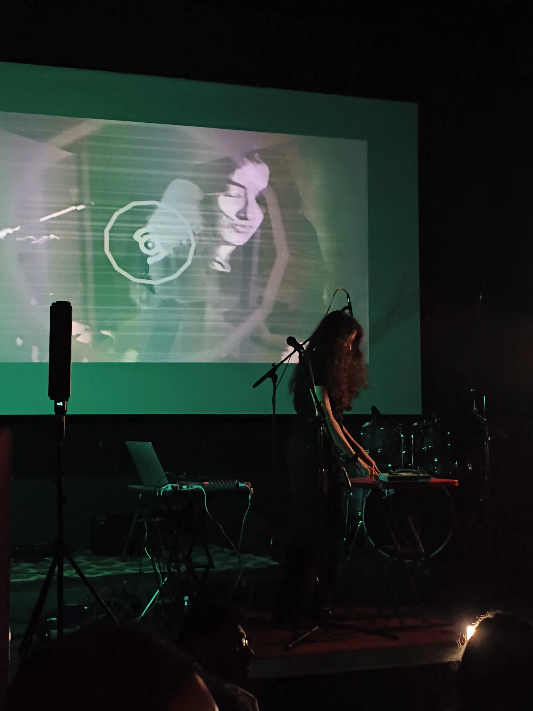 Performer and projection at Omnivoid.
